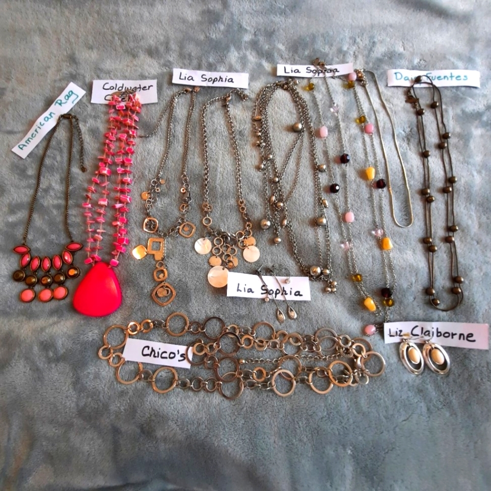 Name Brand jewelry lot. 9 NECKLACES 2 EARRINGS: LIA SOPHIA, CHICOS DAISY FUENTES